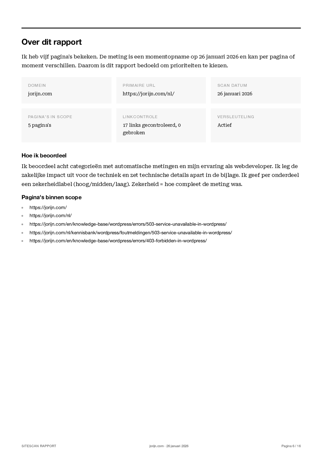 Voorbeeld SiteScan rapport: pagina met uitleg over het rapport.