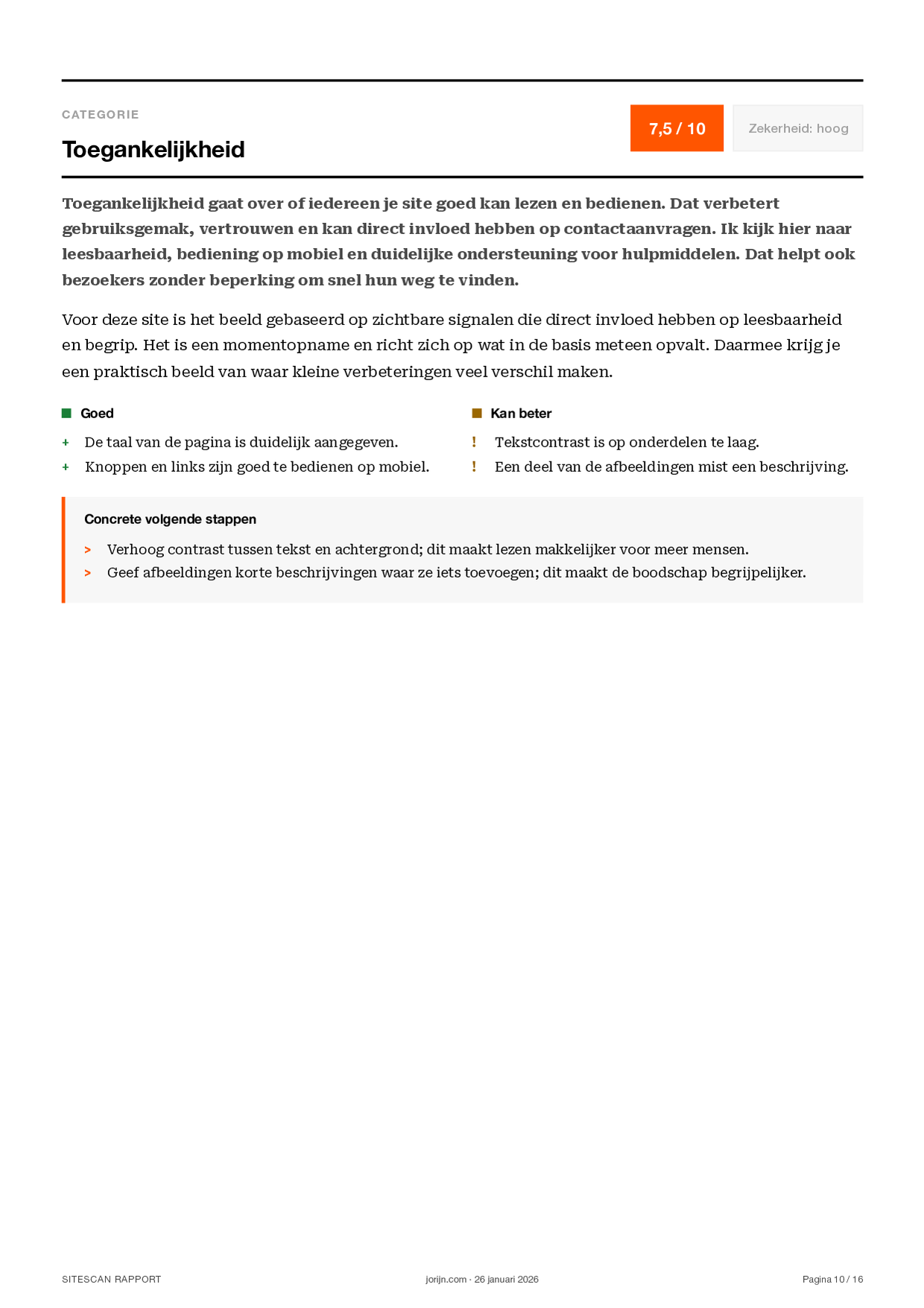 Voorbeeld SiteScan rapport: toegankelijkheidsanalyse met contrast- en structuurpunten.