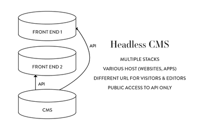 Figure: Schematic view of a headless CMS. Content sits in WordPress (back-end) and is shared via an API with different front-ends (for example a website and a mobile app). The “head” is missing – WordPress only handles management and storage of content, while external clients take over presentation.