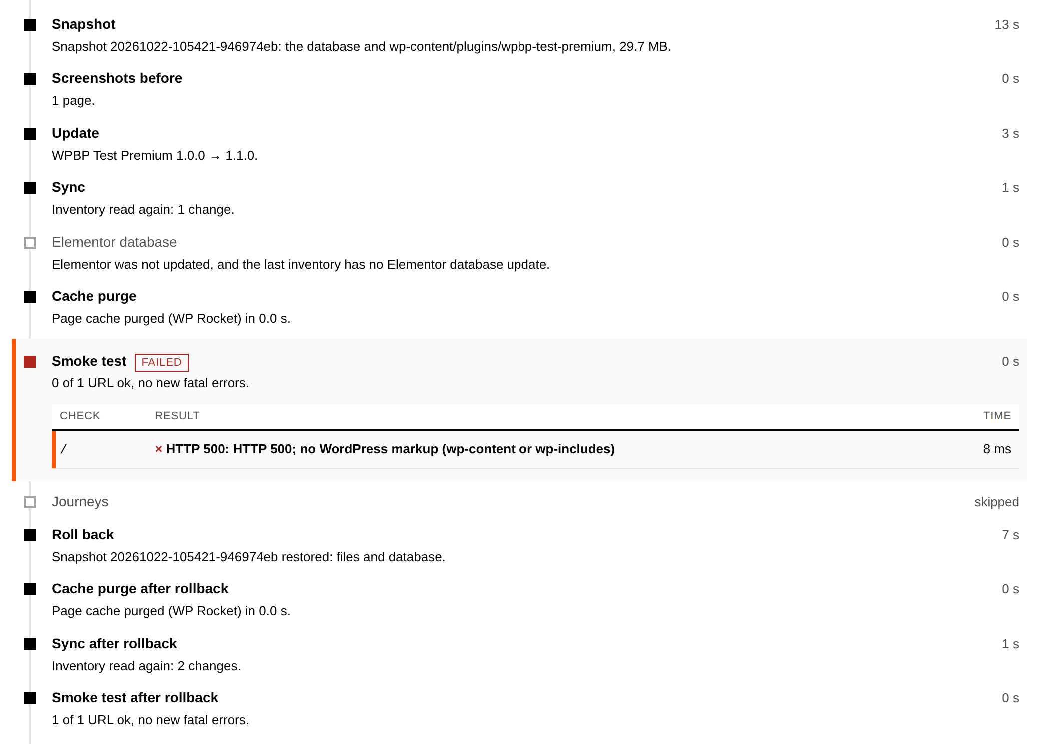Jobpagina van mijn beheersysteem: eerst een kopie, dan de update, de controle erna mislukt en de kopie is automatisch teruggezet.