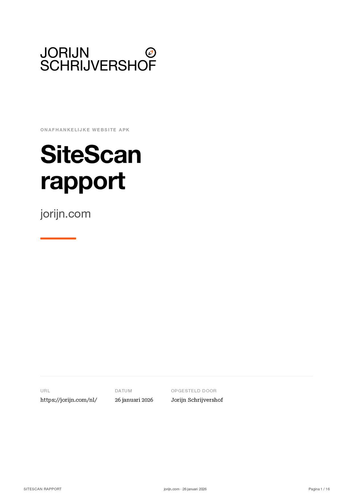 Voorbeeld SiteScan rapport: coverpagina met scores en samenvatting.
